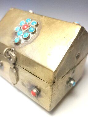 1950 Tibetan Brass Trinket Box Turquoise Coral Cabochons Small Casket Jewelry